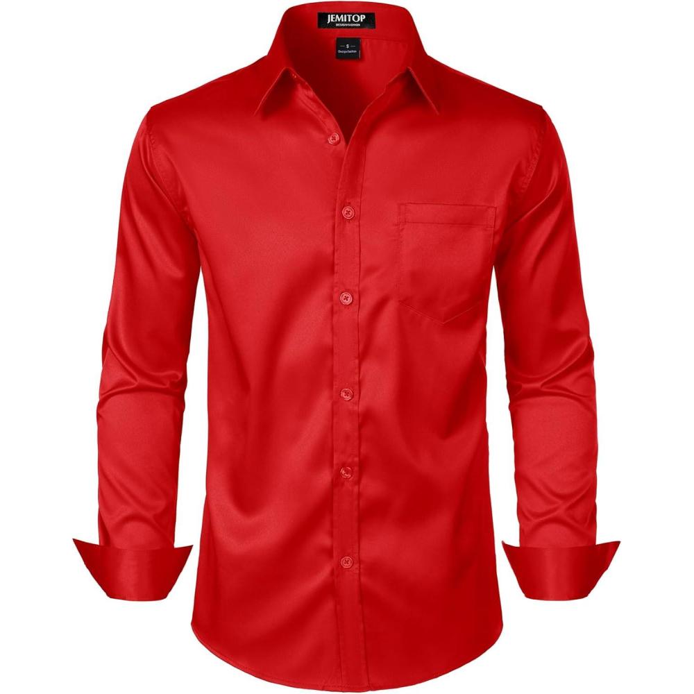 imageJEMITOP Mens Stretch Slim Fit Dress Shirts Formal Wedding Prom Business Long Sleeve Button Down Shirt with PocketRed