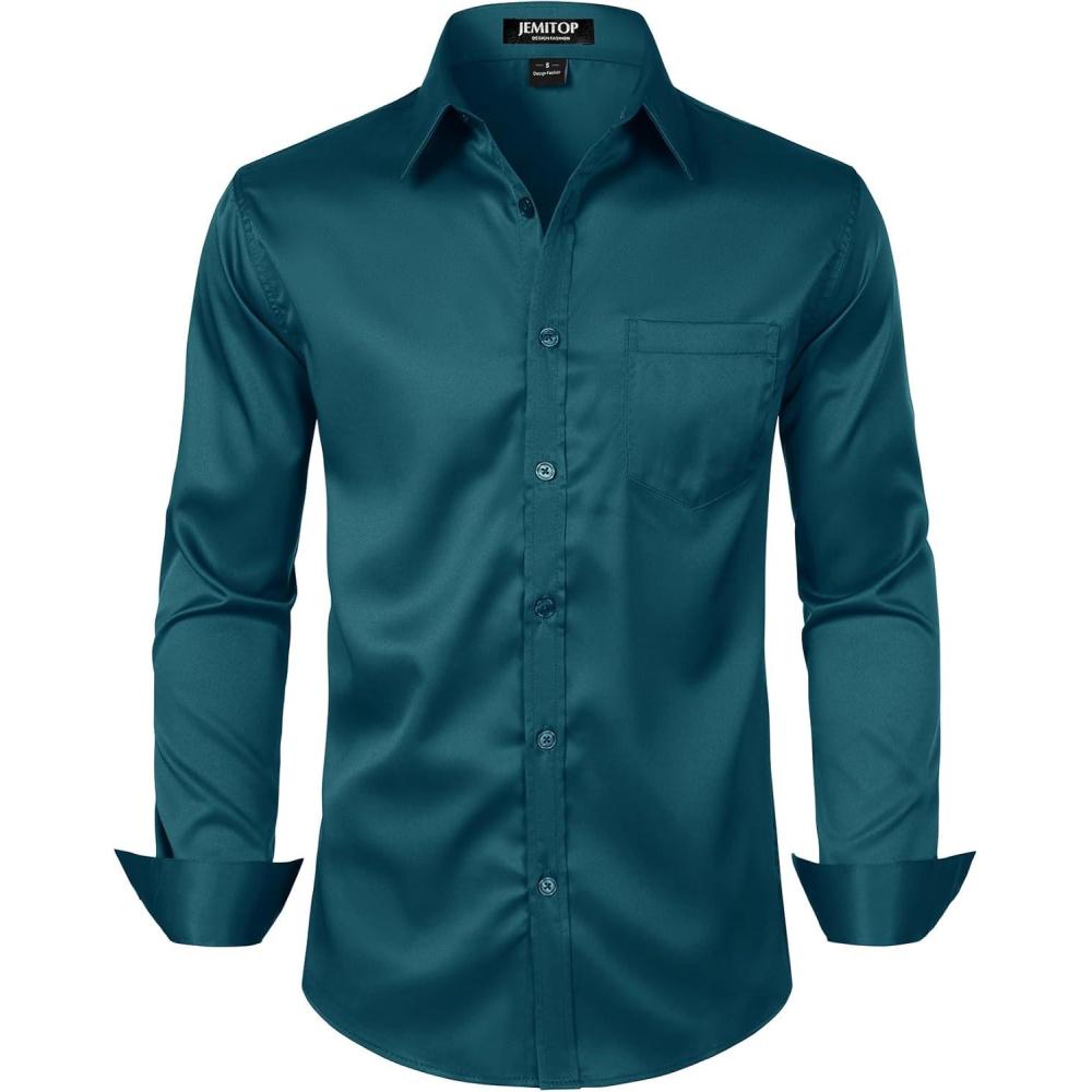 imageJEMITOP Mens Stretch Slim Fit Dress Shirts Formal Wedding Prom Business Long Sleeve Button Down Shirt with PocketTeal