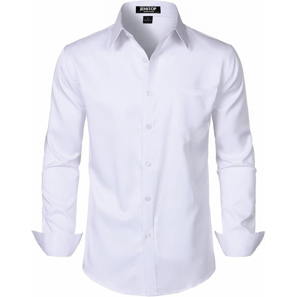 imageJEMITOP Mens Stretch Slim Fit Dress Shirts Formal Wedding Prom Business Long Sleeve Button Down Shirt with PocketWhite