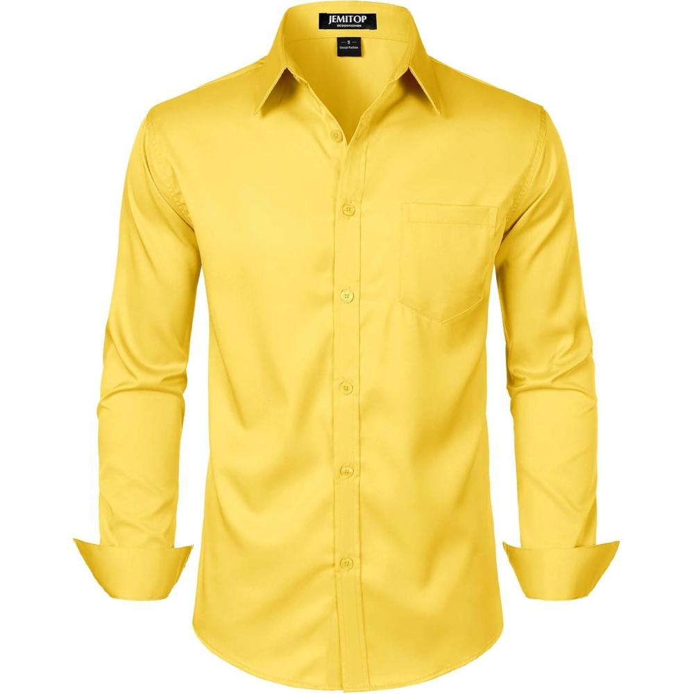 imageJEMITOP Mens Stretch Slim Fit Dress Shirts Formal Wedding Prom Business Long Sleeve Button Down Shirt with PocketYellow