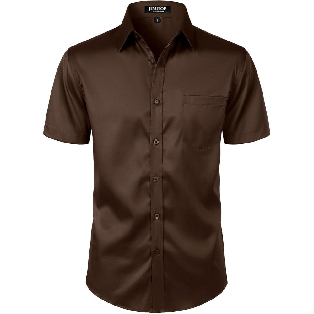 imageJEMITOP Mens Stretch Slim Fit Dress Shirts Formal Wedding Prom Short Sleeve Button Down Shirt with PocketBrown