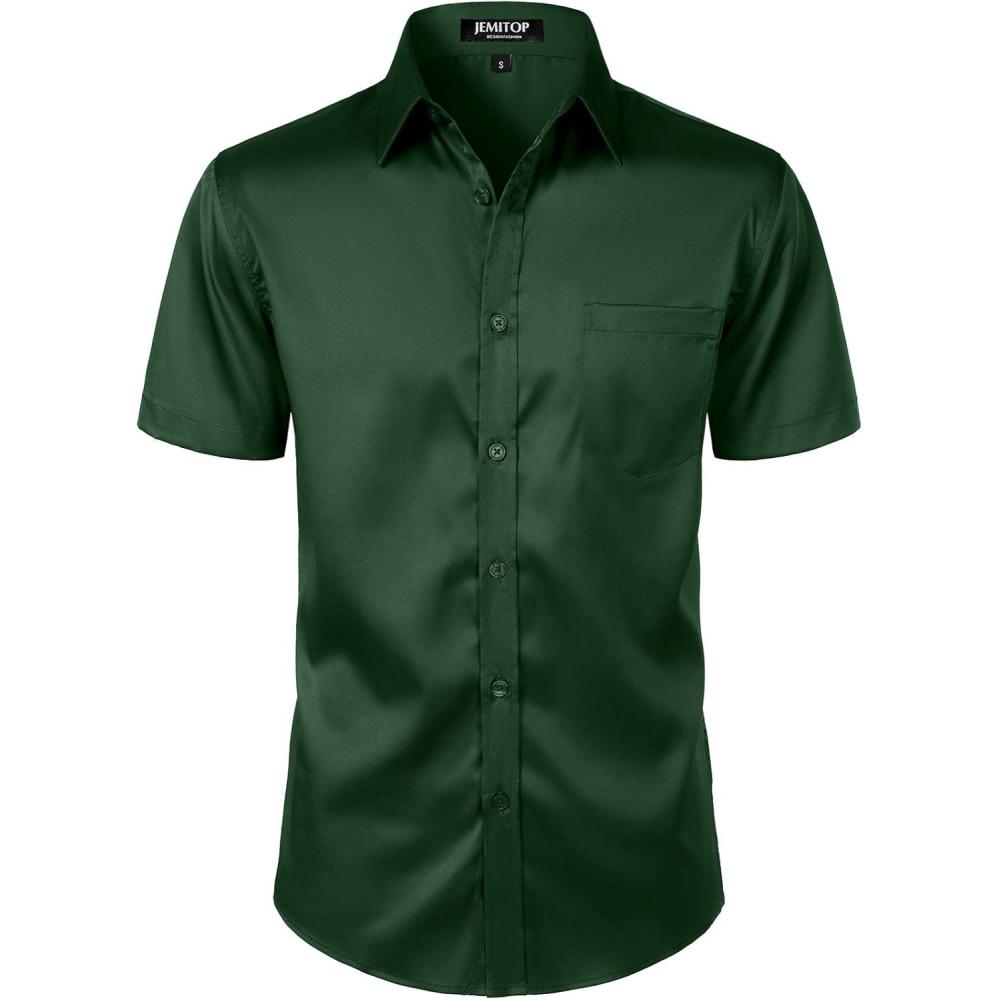 imageJEMITOP Mens Stretch Slim Fit Dress Shirts Formal Wedding Prom Short Sleeve Button Down Shirt with PocketDark Green