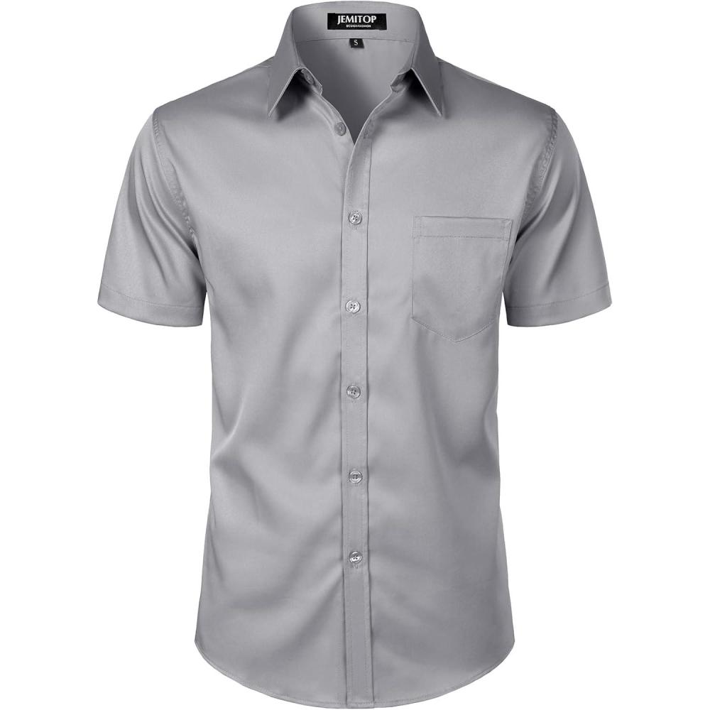 imageJEMITOP Mens Stretch Slim Fit Dress Shirts Formal Wedding Prom Short Sleeve Button Down Shirt with PocketGrey