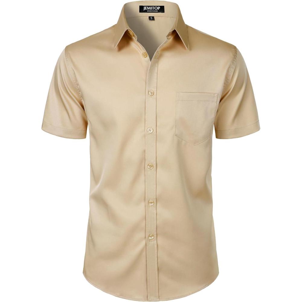 imageJEMITOP Mens Stretch Slim Fit Dress Shirts Formal Wedding Prom Short Sleeve Button Down Shirt with PocketKhaki