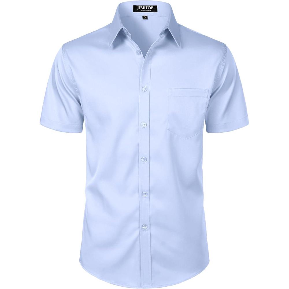 imageJEMITOP Mens Stretch Slim Fit Dress Shirts Formal Wedding Prom Short Sleeve Button Down Shirt with PocketLight Blue