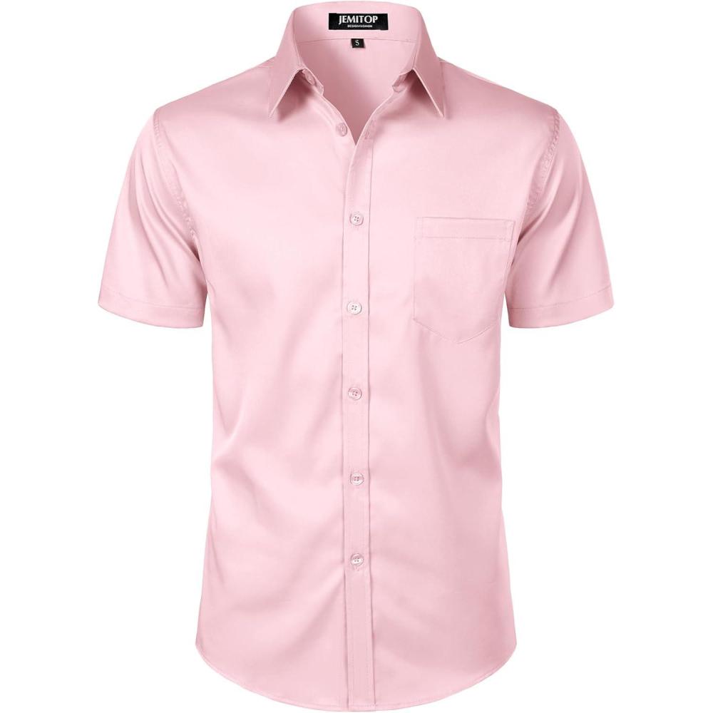 imageJEMITOP Mens Stretch Slim Fit Dress Shirts Formal Wedding Prom Short Sleeve Button Down Shirt with PocketPink