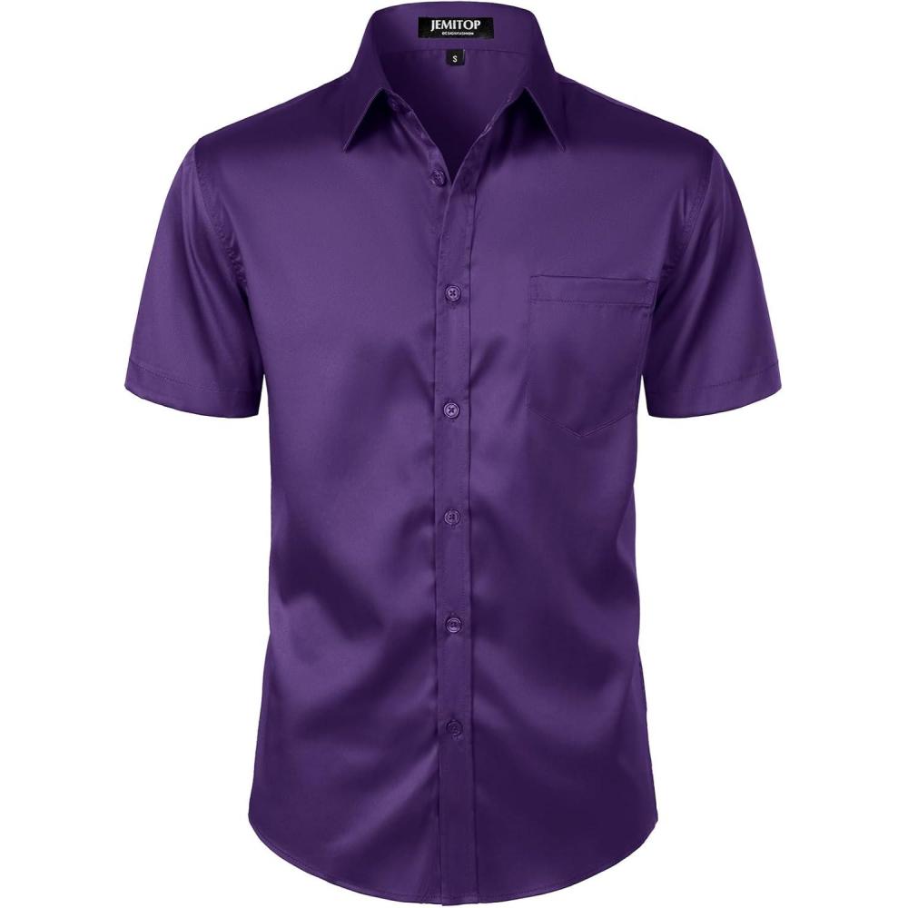 imageJEMITOP Mens Stretch Slim Fit Dress Shirts Formal Wedding Prom Short Sleeve Button Down Shirt with PocketPurple