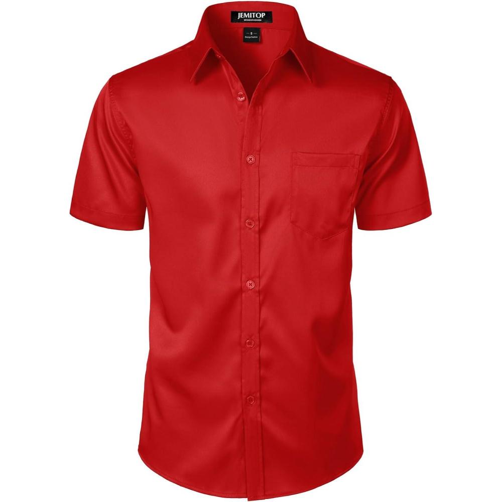 imageJEMITOP Mens Stretch Slim Fit Dress Shirts Formal Wedding Prom Short Sleeve Button Down Shirt with PocketRed