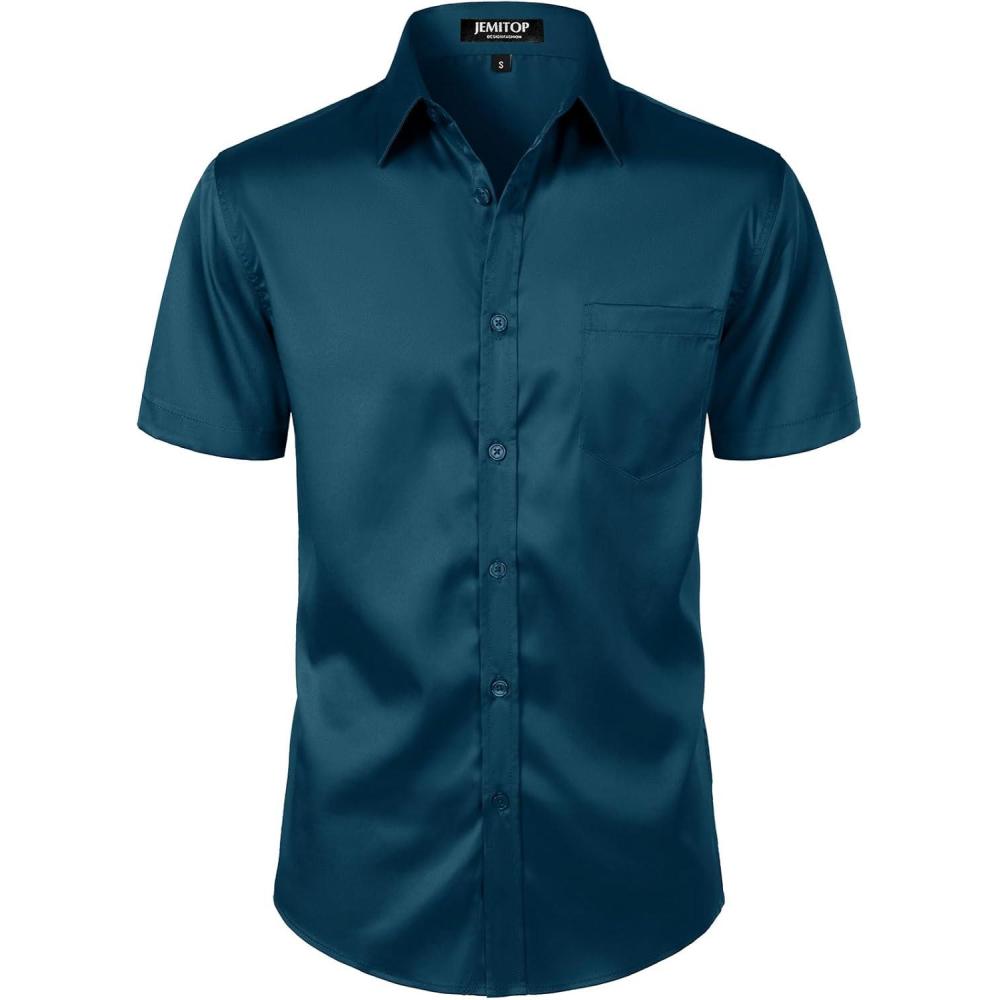 imageJEMITOP Mens Stretch Slim Fit Dress Shirts Formal Wedding Prom Short Sleeve Button Down Shirt with PocketTeal