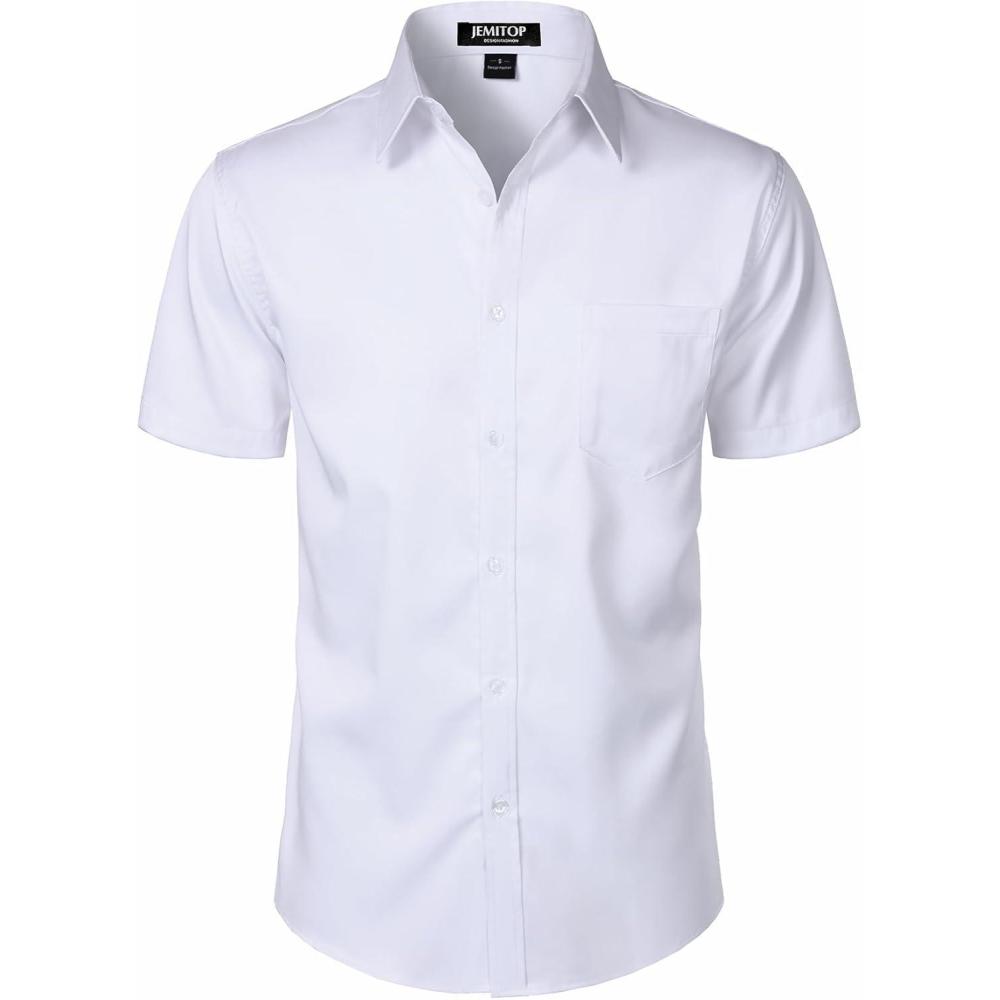 imageJEMITOP Mens Stretch Slim Fit Dress Shirts Formal Wedding Prom Short Sleeve Button Down Shirt with PocketWhite