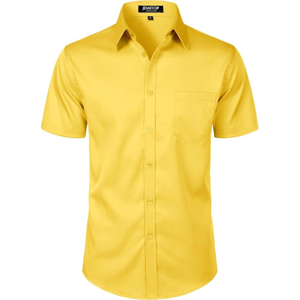 imageJEMITOP Mens Stretch Slim Fit Dress Shirts Formal Wedding Prom Short Sleeve Button Down Shirt with PocketYellow
