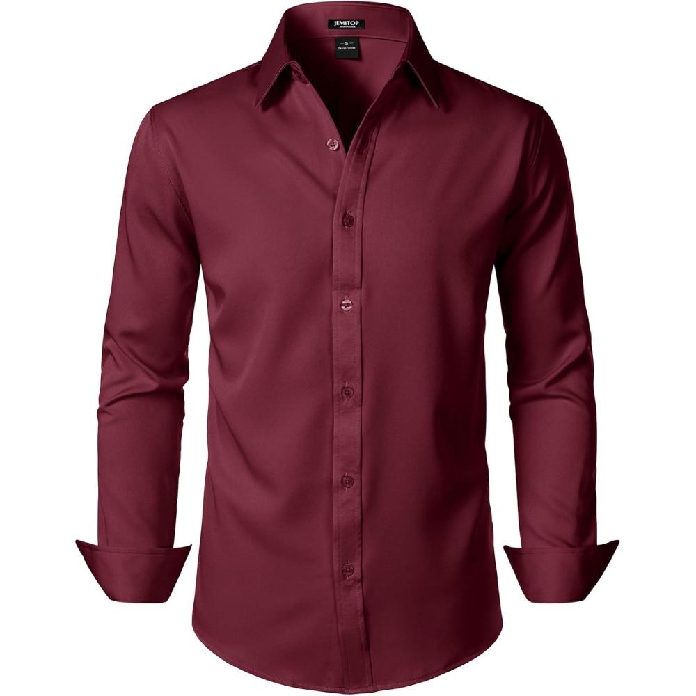 imageJEMITOP Mens Stretch Soft Slim Fit Dress Shirts Long Sleeve Formal Wedding Business Casual Button Down ShirtBurgundy