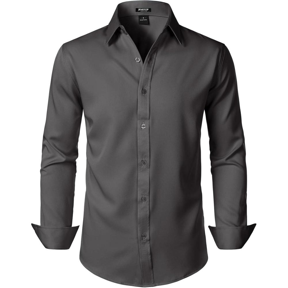 imageJEMITOP Mens Stretch Soft Slim Fit Dress Shirts Long Sleeve Formal Wedding Business Casual Button Down ShirtDark Grey