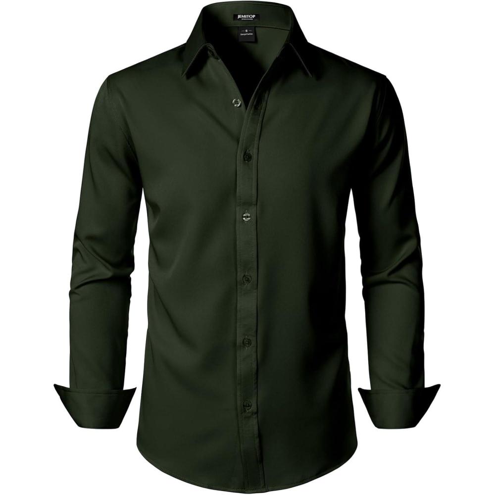 imageJEMITOP Mens Stretch Soft Slim Fit Dress Shirts Long Sleeve Formal Wedding Business Casual Button Down ShirtDeep Forest Green