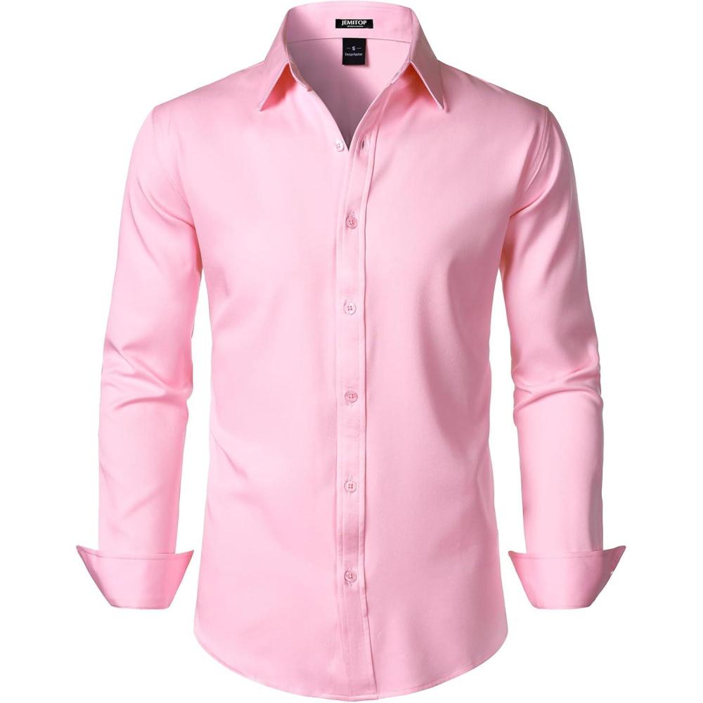 imageJEMITOP Mens Stretch Soft Slim Fit Dress Shirts Long Sleeve Formal Wedding Business Casual Button Down ShirtPink