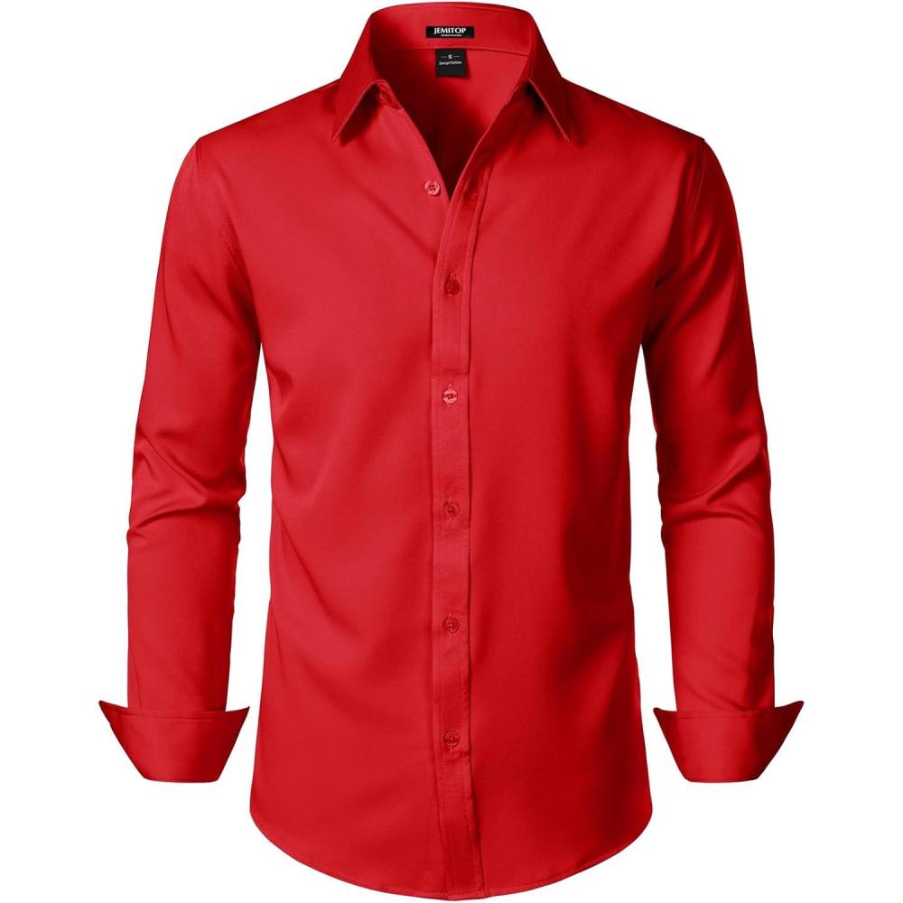 imageJEMITOP Mens Stretch Soft Slim Fit Dress Shirts Long Sleeve Formal Wedding Business Casual Button Down ShirtRed