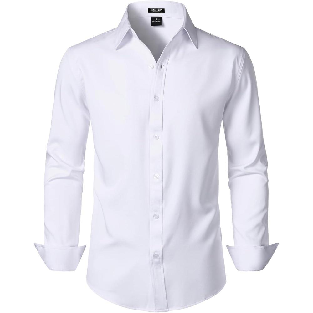 imageJEMITOP Mens Stretch Soft Slim Fit Dress Shirts Long Sleeve Formal Wedding Business Casual Button Down ShirtWhite