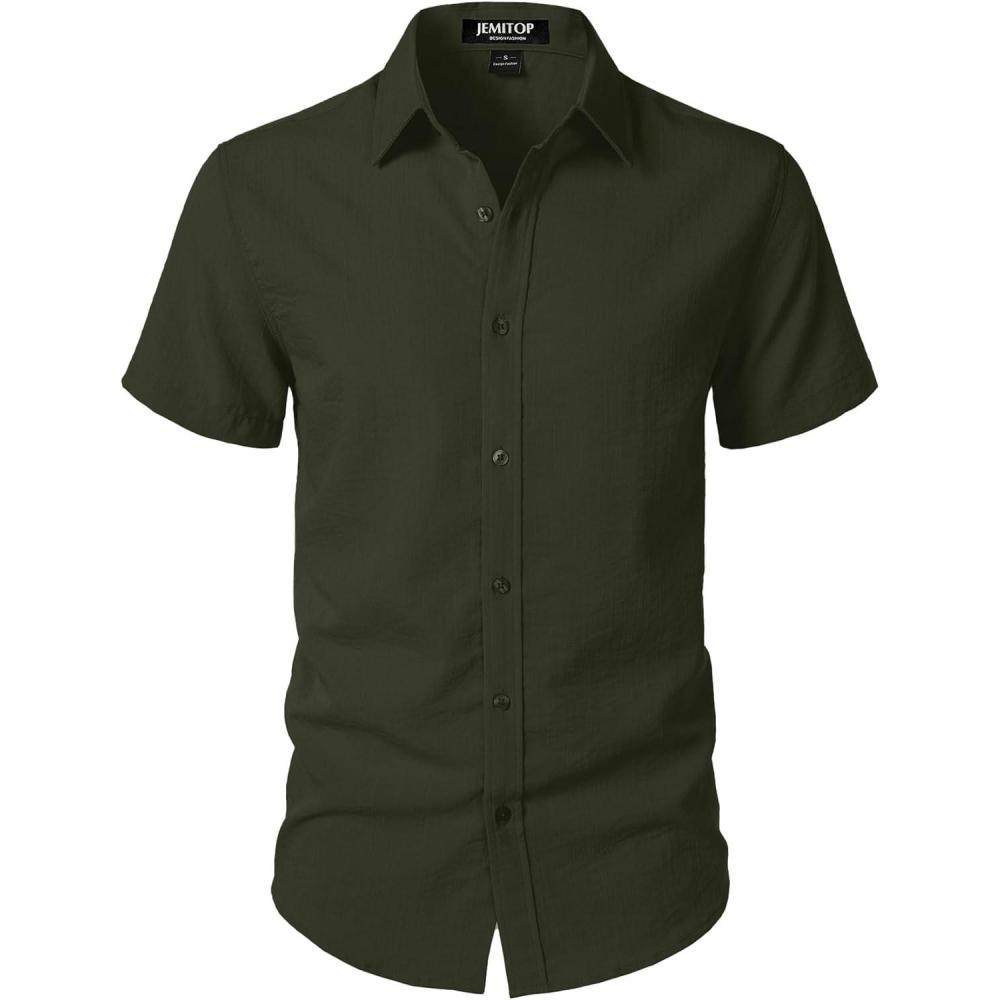 imageJEMITOP Mens Stretch Textured Short Sleeve Button Down Shirts Summer Casual Beach Wedding Vacation ShirtArmy Green
