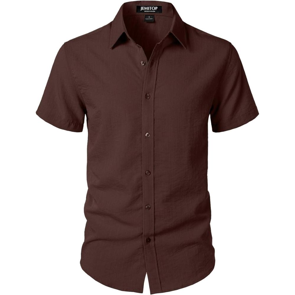 imageJEMITOP Mens Stretch Textured Short Sleeve Button Down Shirts Summer Casual Beach Wedding Vacation ShirtBrown