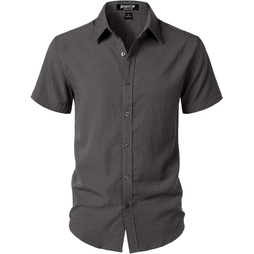 imageJEMITOP Mens Stretch Textured Short Sleeve Button Down Shirts Summer Casual Beach Wedding Vacation ShirtDark Grey