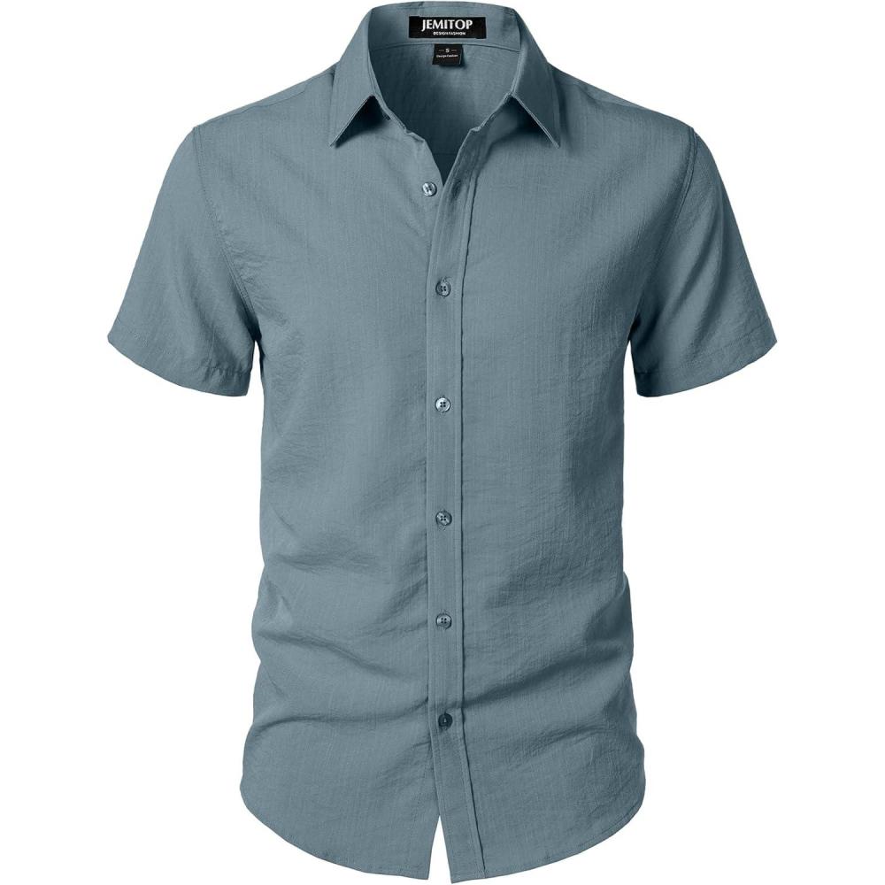 imageJEMITOP Mens Stretch Textured Short Sleeve Button Down Shirts Summer Casual Beach Wedding Vacation ShirtGrey Blue