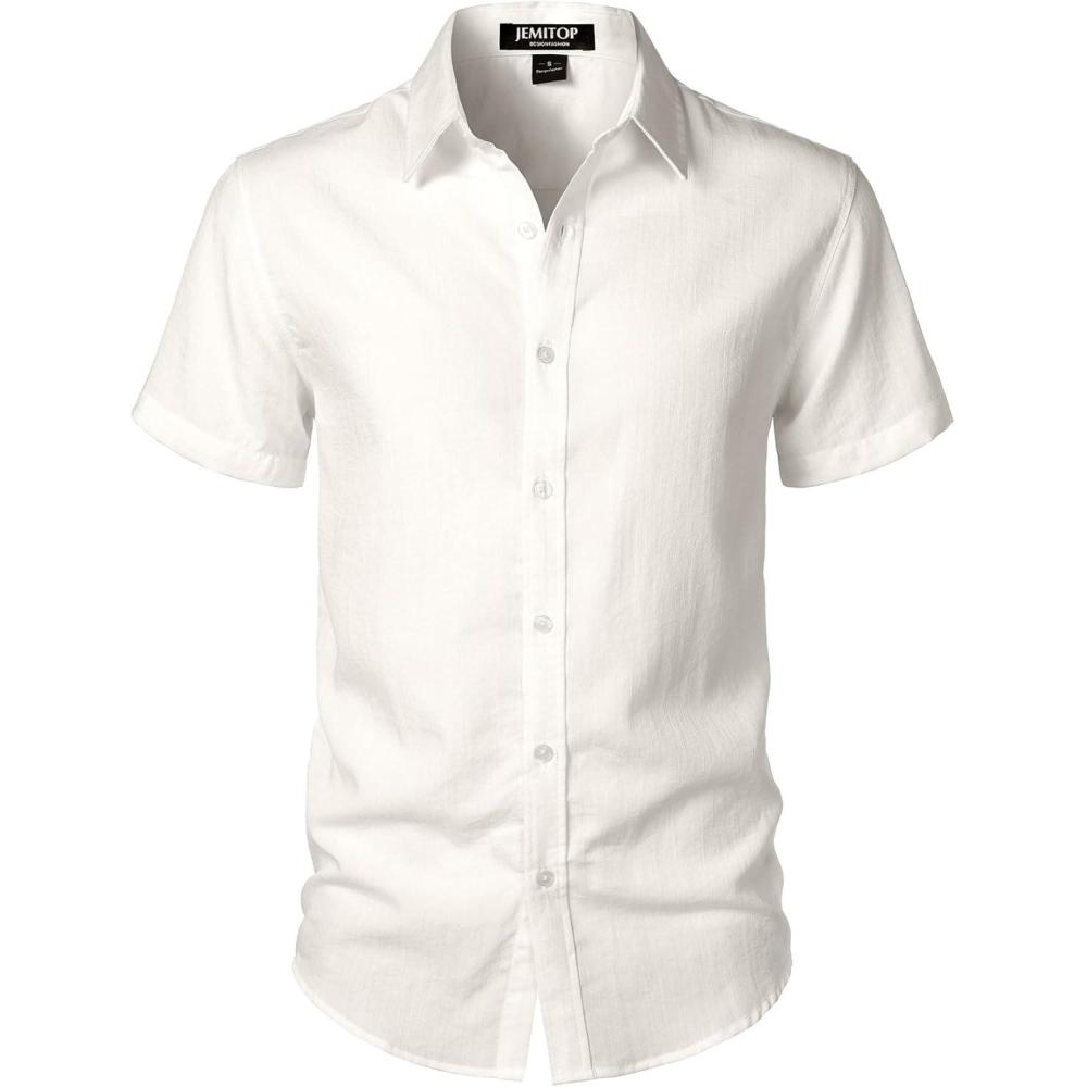 imageJEMITOP Mens Stretch Textured Short Sleeve Button Down Shirts Summer Casual Beach Wedding Vacation ShirtIvory White