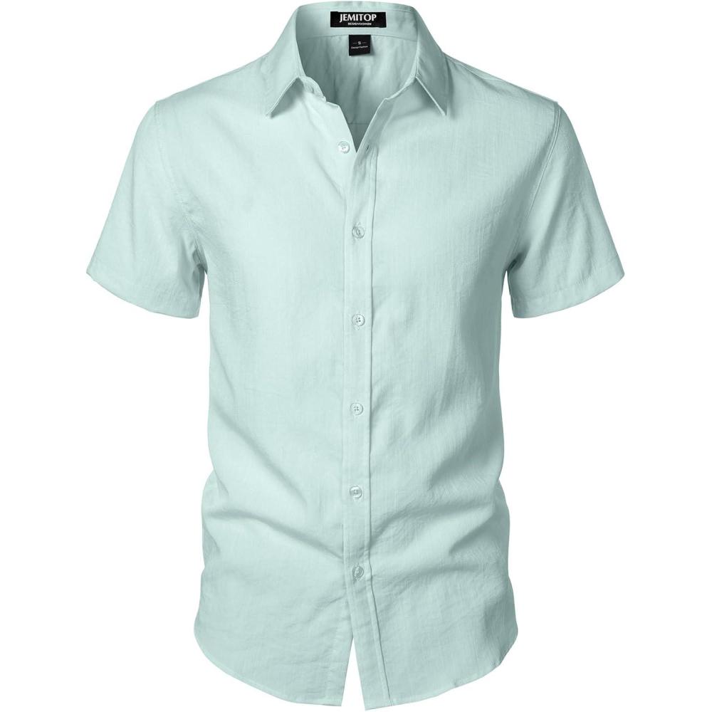 imageJEMITOP Mens Stretch Textured Short Sleeve Button Down Shirts Summer Casual Beach Wedding Vacation ShirtLight Green