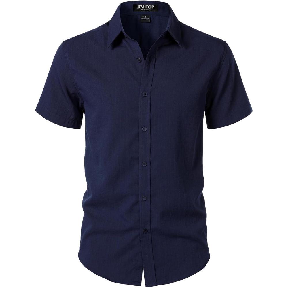 imageJEMITOP Mens Stretch Textured Short Sleeve Button Down Shirts Summer Casual Beach Wedding Vacation ShirtNavy Blue
