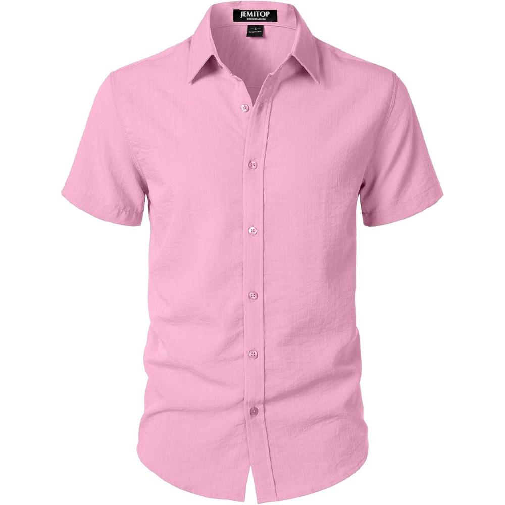 imageJEMITOP Mens Stretch Textured Short Sleeve Button Down Shirts Summer Casual Beach Wedding Vacation ShirtPink
