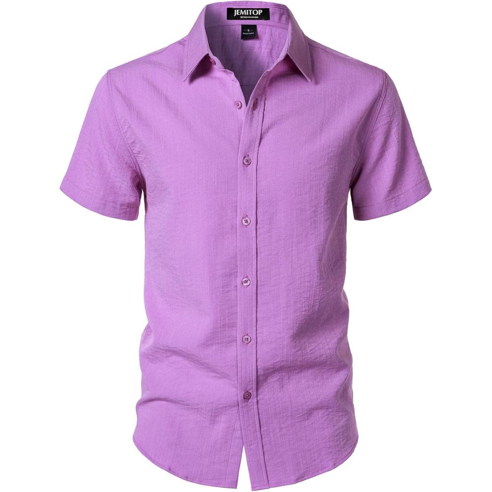 imageJEMITOP Mens Stretch Textured Short Sleeve Button Down Shirts Summer Casual Beach Wedding Vacation ShirtPurple Red