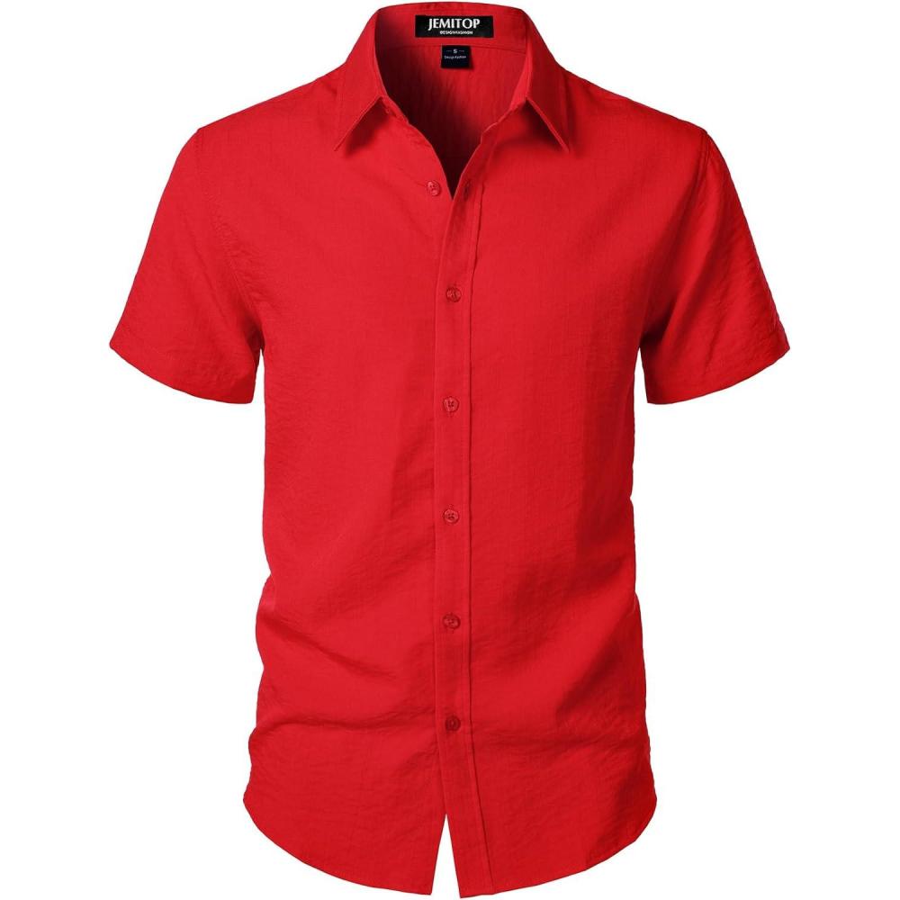 imageJEMITOP Mens Stretch Textured Short Sleeve Button Down Shirts Summer Casual Beach Wedding Vacation ShirtRed