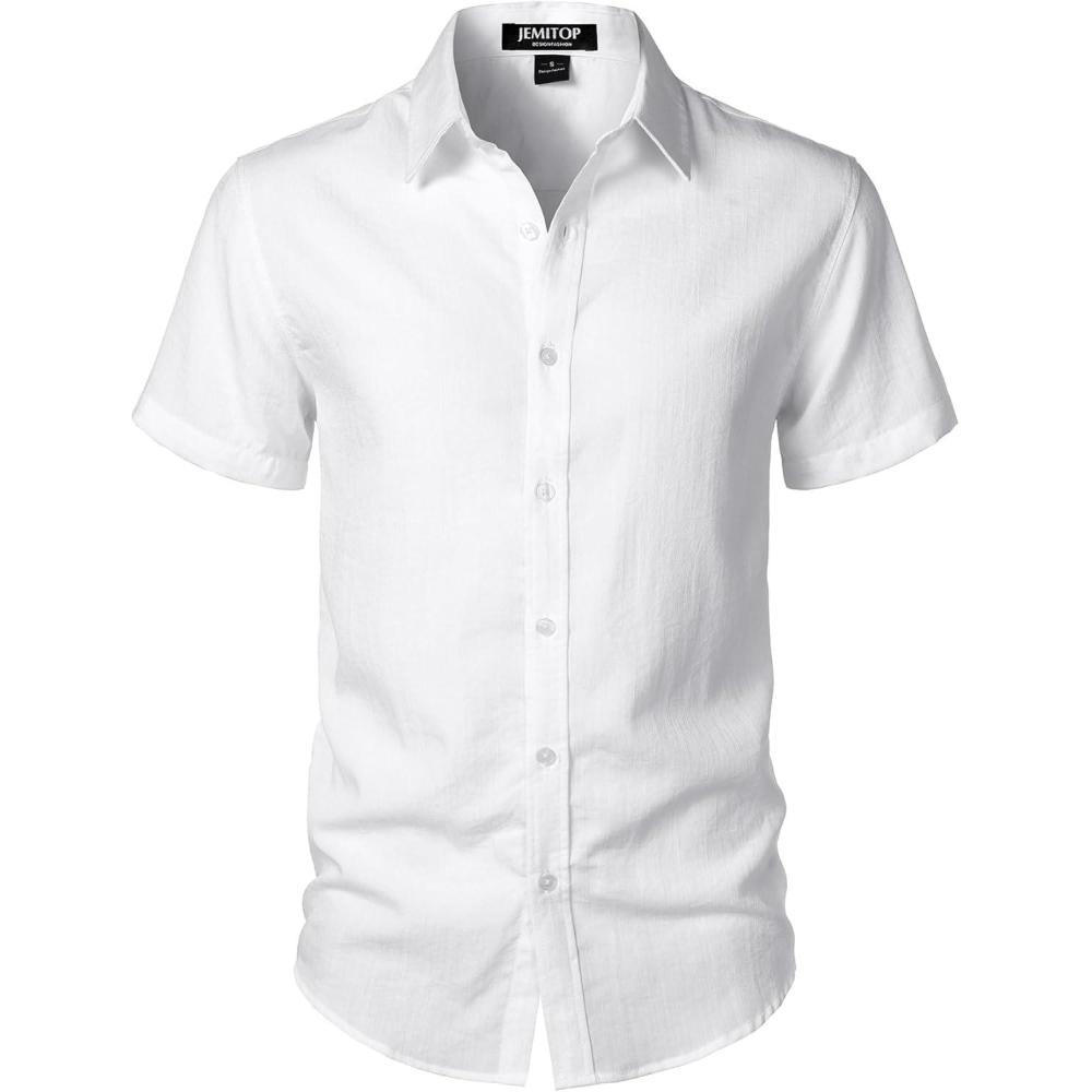 imageJEMITOP Mens Stretch Textured Short Sleeve Button Down Shirts Summer Casual Beach Wedding Vacation ShirtWhite