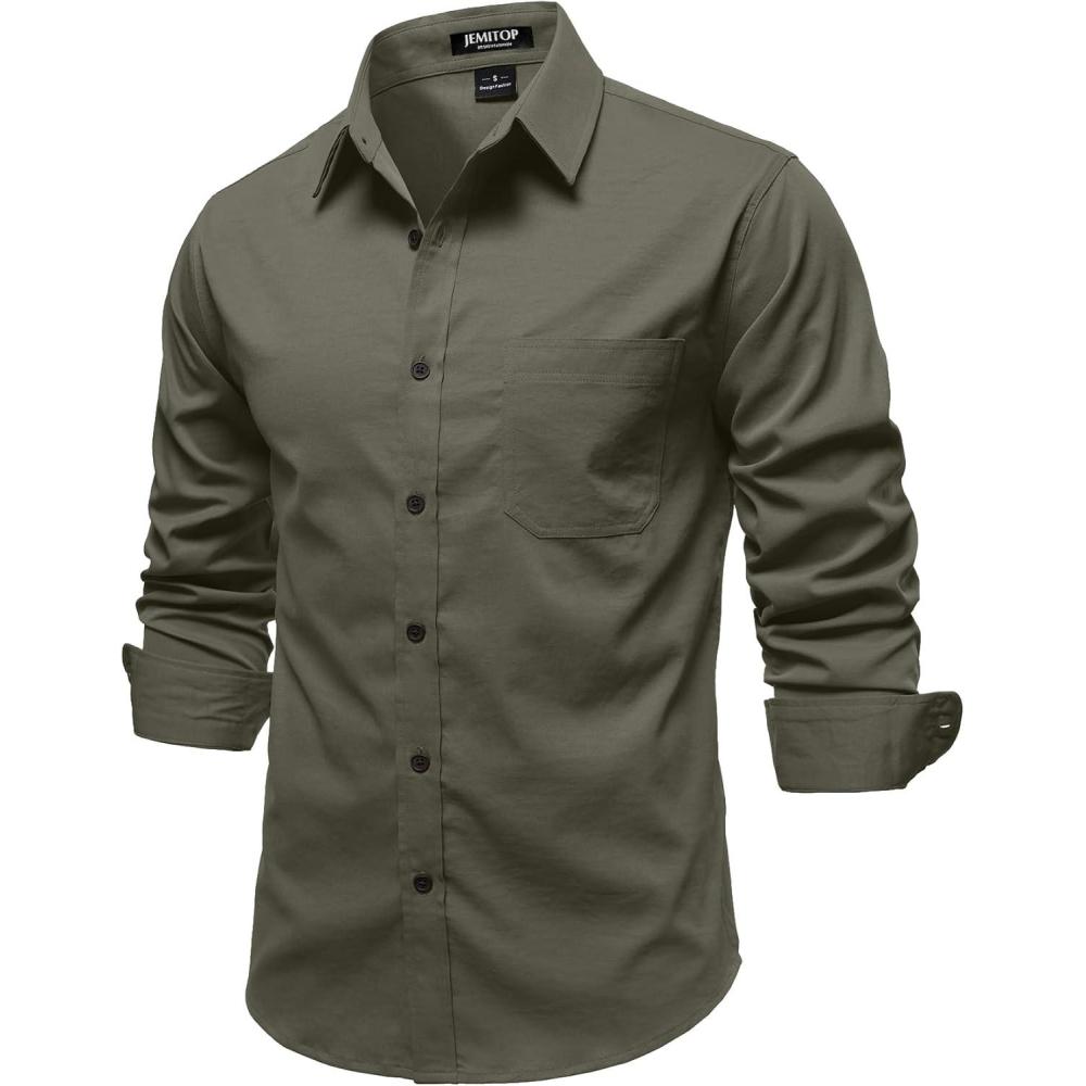 imageJEMITOP Mens Stretch Vintage Aged Style Shirts Casual Soft Long Sleeve Button Down Shirt with PocketArmy Green