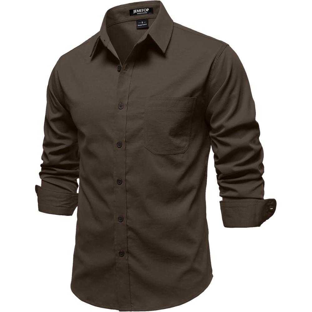 imageJEMITOP Mens Stretch Vintage Aged Style Shirts Casual Soft Long Sleeve Button Down Shirt with PocketBrown