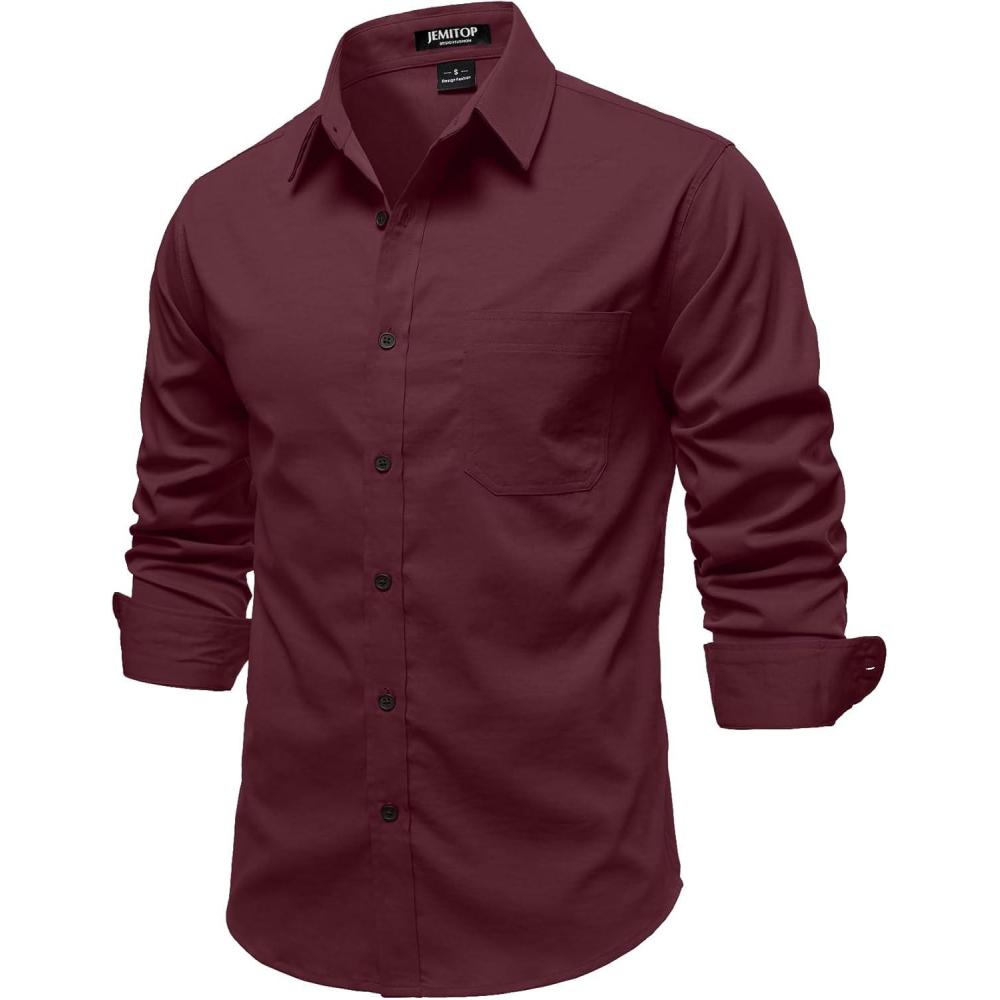 imageJEMITOP Mens Stretch Vintage Aged Style Shirts Casual Soft Long Sleeve Button Down Shirt with PocketBurgundy