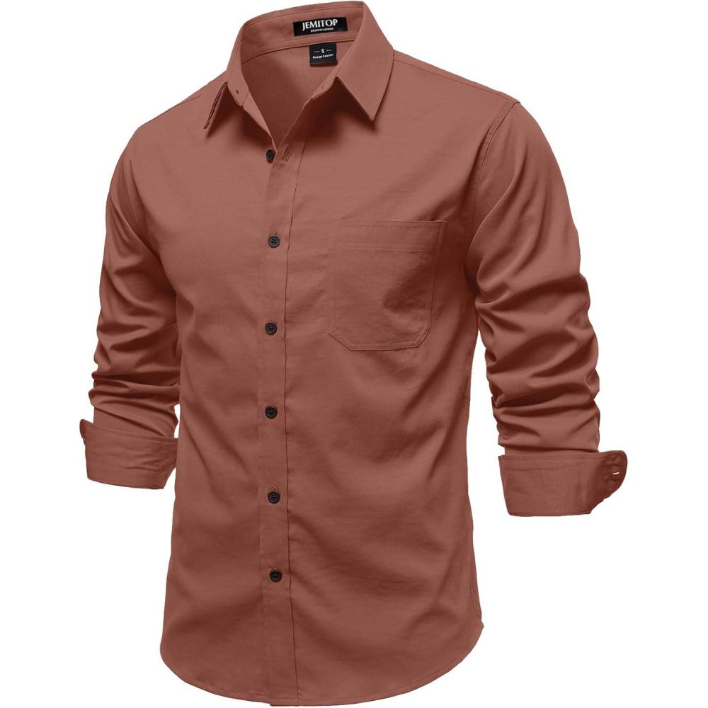 imageJEMITOP Mens Stretch Vintage Aged Style Shirts Casual Soft Long Sleeve Button Down Shirt with PocketBurnt Orange