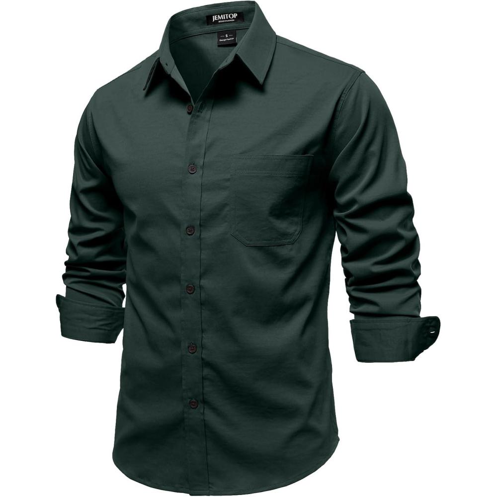 imageJEMITOP Mens Stretch Vintage Aged Style Shirts Casual Soft Long Sleeve Button Down Shirt with PocketDark Green