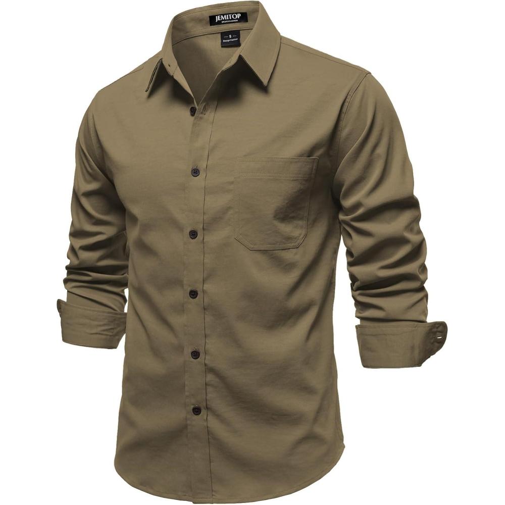 imageJEMITOP Mens Stretch Vintage Aged Style Shirts Casual Soft Long Sleeve Button Down Shirt with PocketDark Khaki