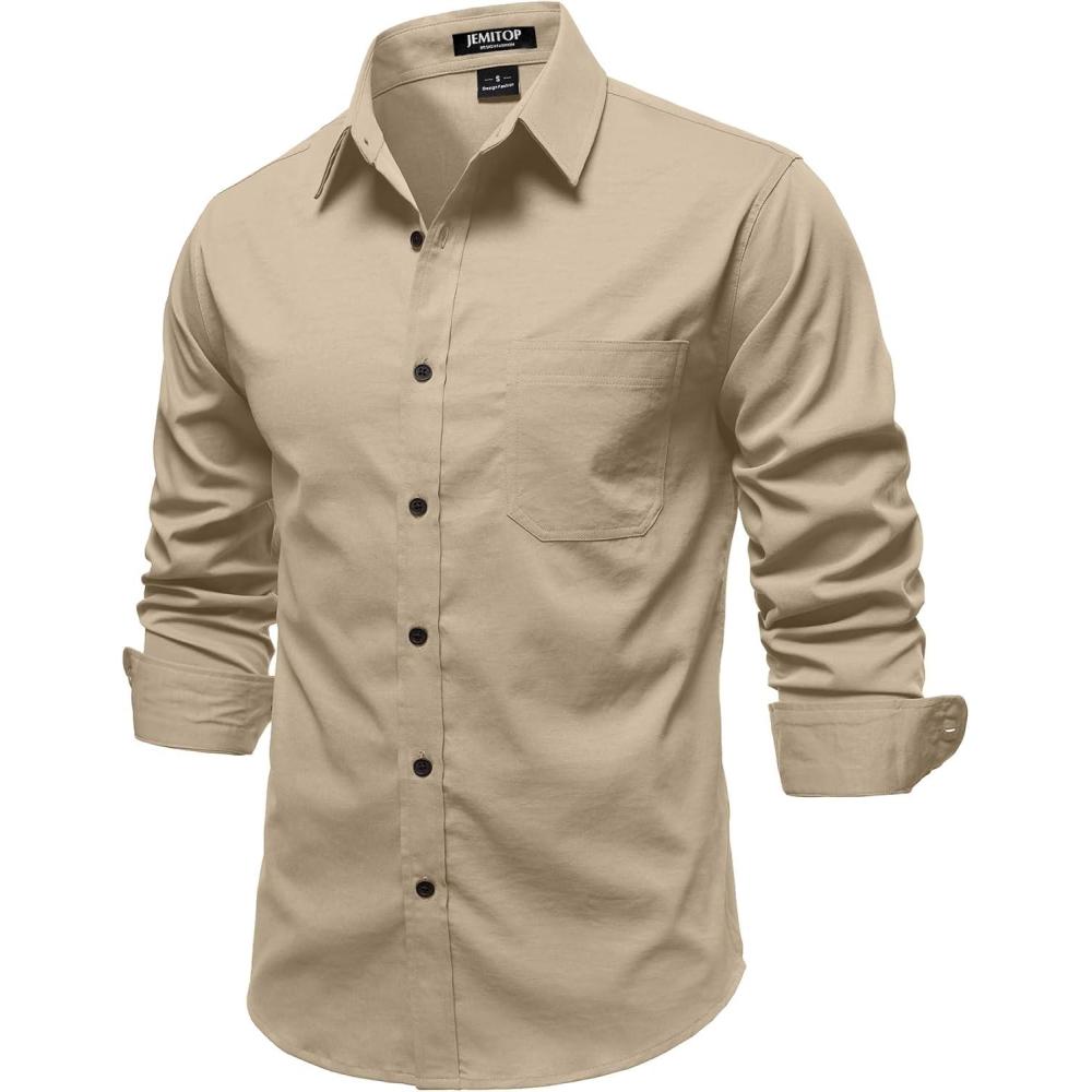 imageJEMITOP Mens Stretch Vintage Aged Style Shirts Casual Soft Long Sleeve Button Down Shirt with PocketKhaki