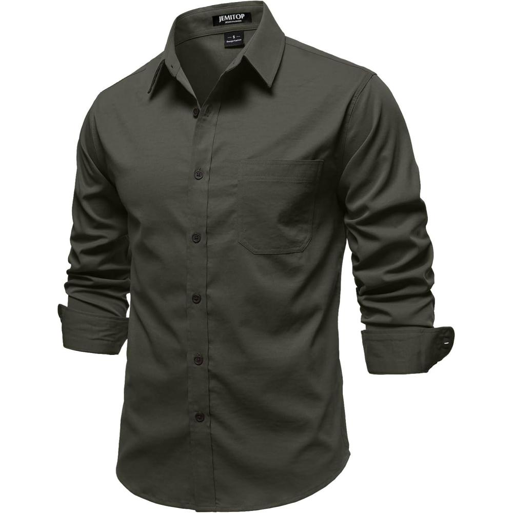 imageJEMITOP Mens Stretch Vintage Aged Style Shirts Casual Soft Long Sleeve Button Down Shirt with PocketOlive Green