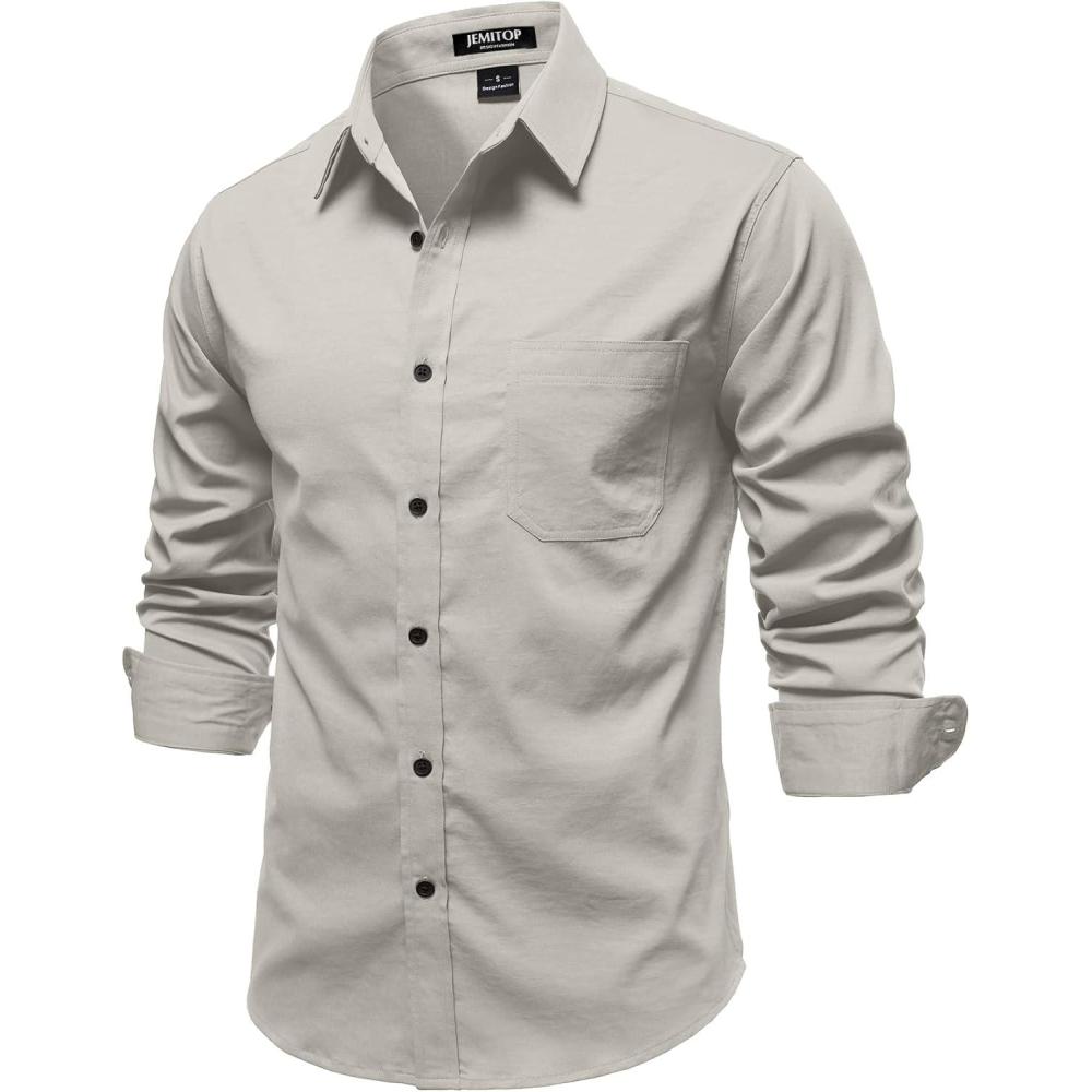 imageJEMITOP Mens Stretch Vintage Aged Style Shirts Casual Soft Long Sleeve Button Down Shirt with PocketTan