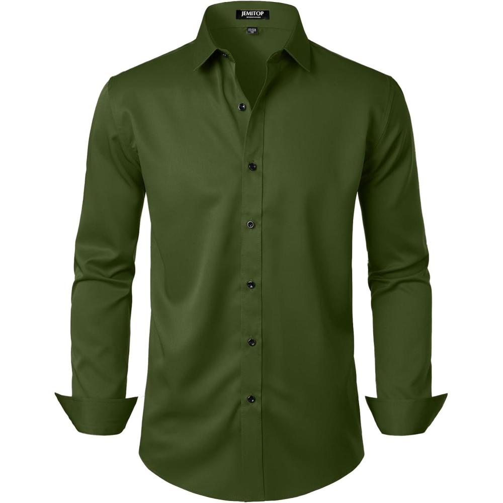 imageJEMITOP Mens Stretch Wrinkle Free Dress Shirt Formal Prom Wedding Long Sleeve Button Down ShirtsArmy Green