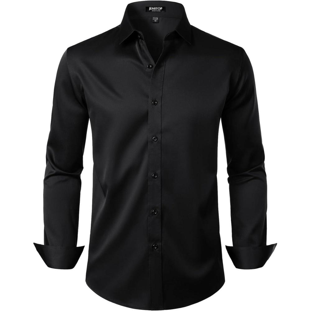 imageJEMITOP Mens Stretch Wrinkle Free Dress Shirt Formal Prom Wedding Long Sleeve Button Down ShirtsBlack