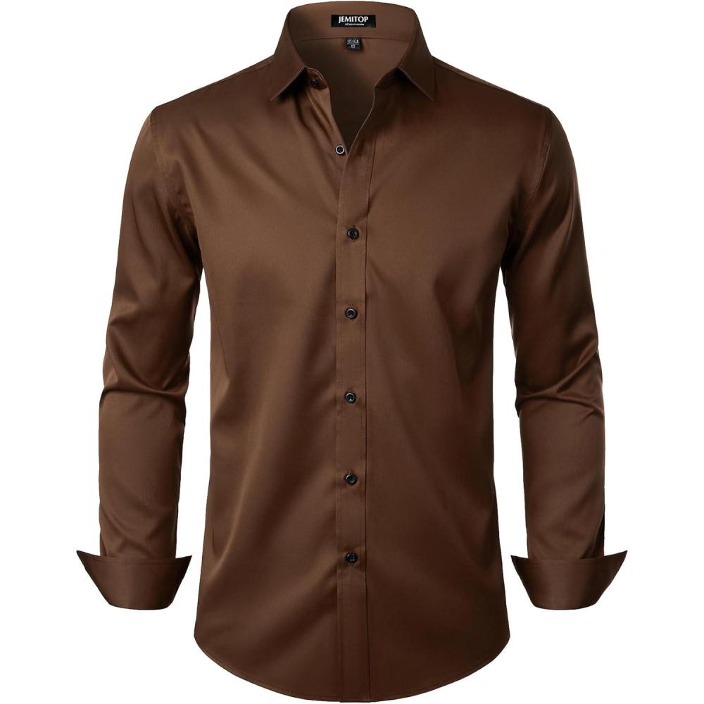 imageJEMITOP Mens Stretch Wrinkle Free Dress Shirt Formal Prom Wedding Long Sleeve Button Down ShirtsBrown