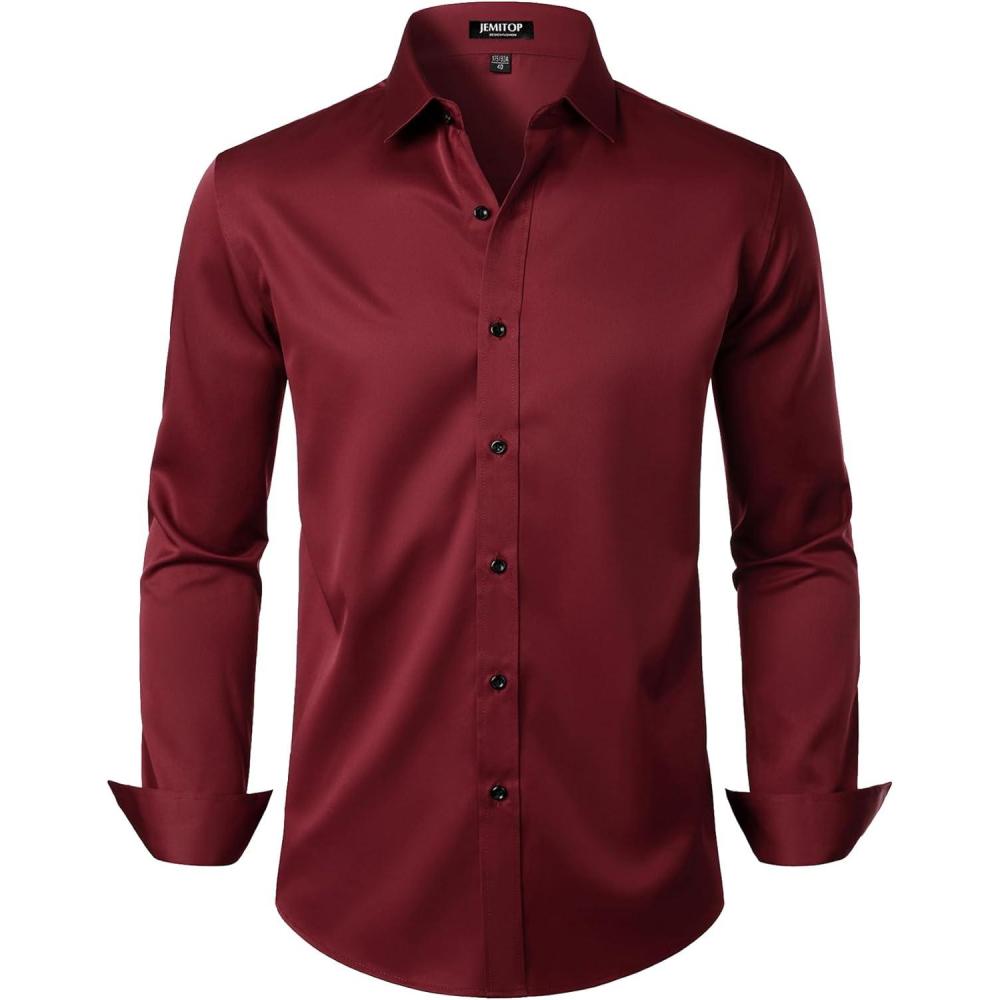 imageJEMITOP Mens Stretch Wrinkle Free Dress Shirt Formal Prom Wedding Long Sleeve Button Down ShirtsBurgundy
