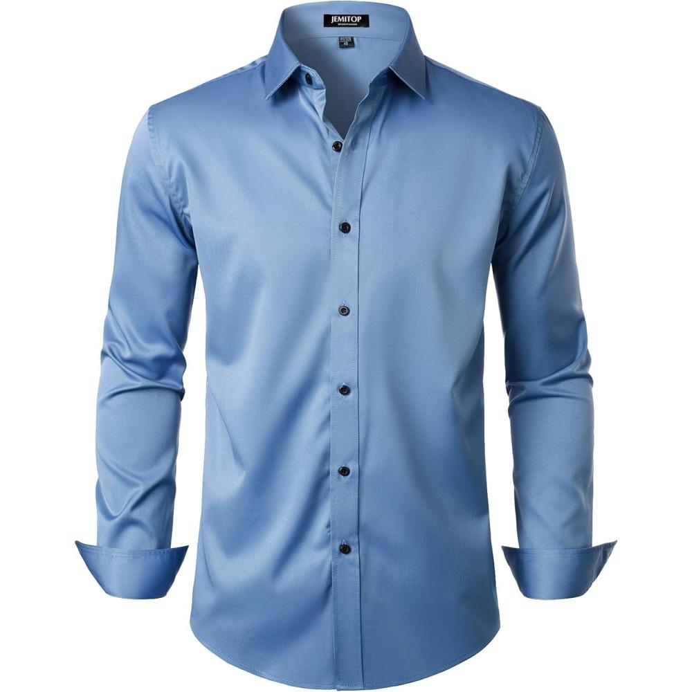 imageJEMITOP Mens Stretch Wrinkle Free Dress Shirt Formal Prom Wedding Long Sleeve Button Down ShirtsClassic Blue