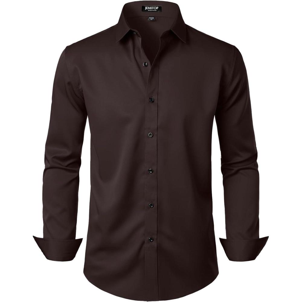 imageJEMITOP Mens Stretch Wrinkle Free Dress Shirt Formal Prom Wedding Long Sleeve Button Down ShirtsCoffee Brown
