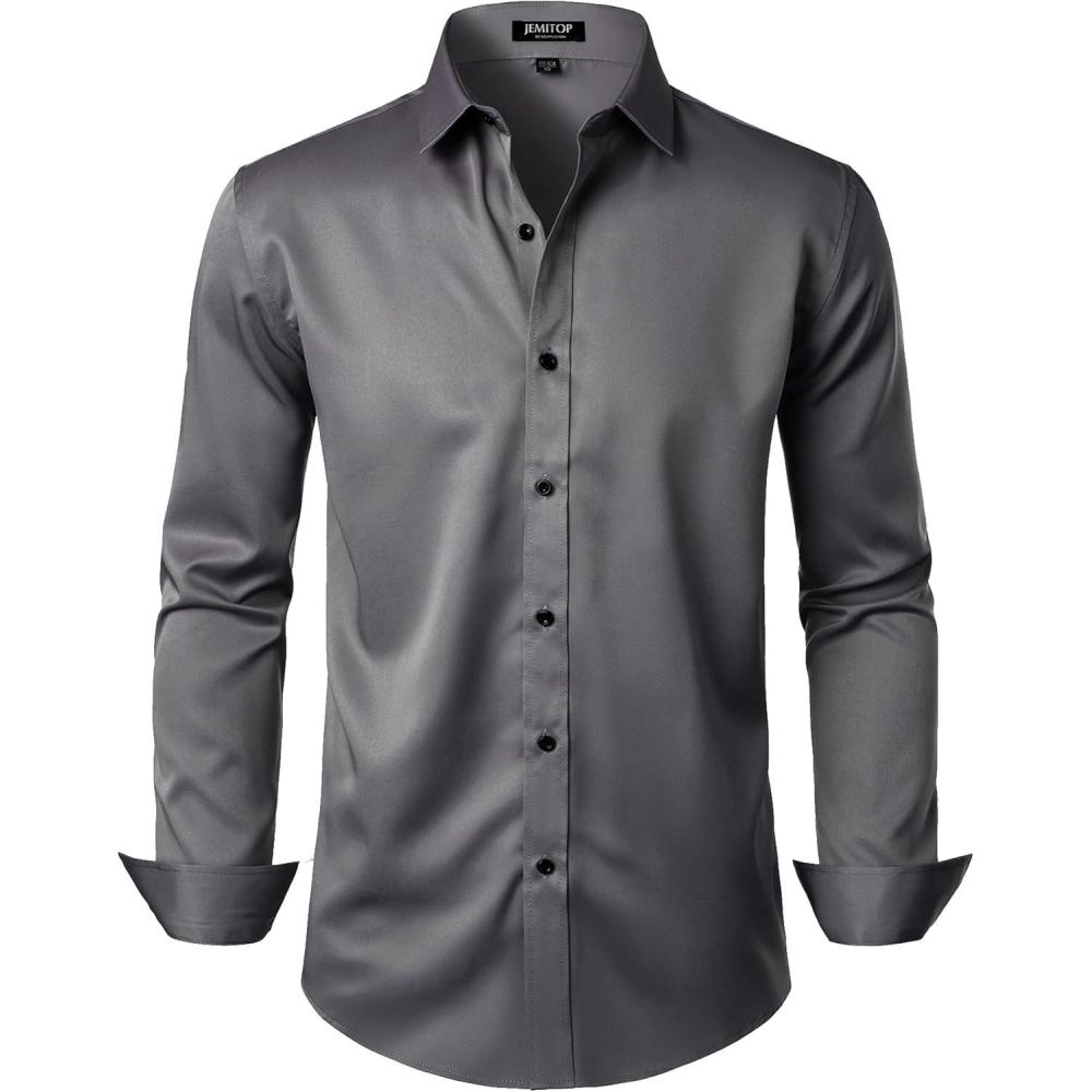 imageJEMITOP Mens Stretch Wrinkle Free Dress Shirt Formal Prom Wedding Long Sleeve Button Down ShirtsDark Grey