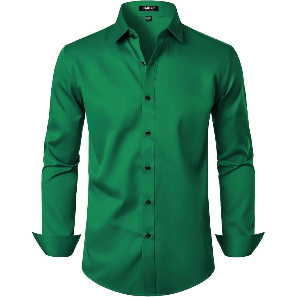 imageJEMITOP Mens Stretch Wrinkle Free Dress Shirt Formal Prom Wedding Long Sleeve Button Down ShirtsGreen