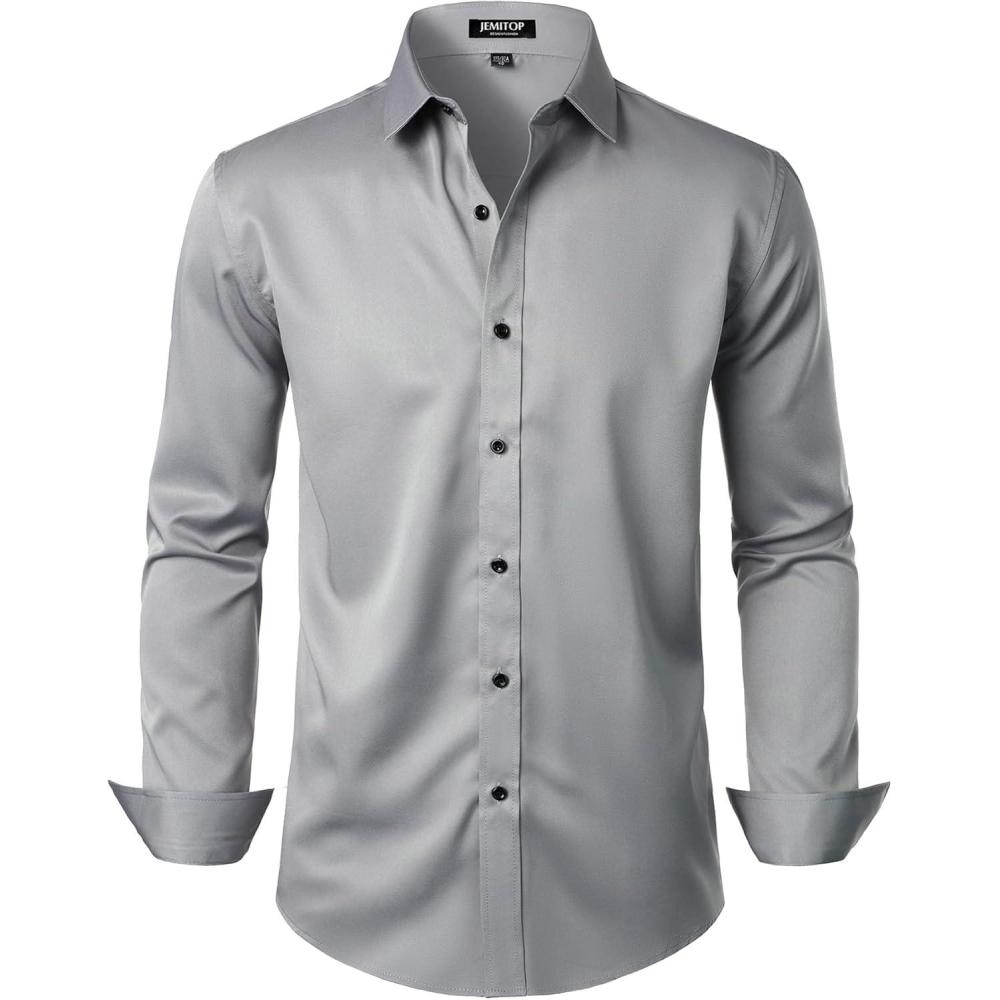 imageJEMITOP Mens Stretch Wrinkle Free Dress Shirt Formal Prom Wedding Long Sleeve Button Down ShirtsGrey